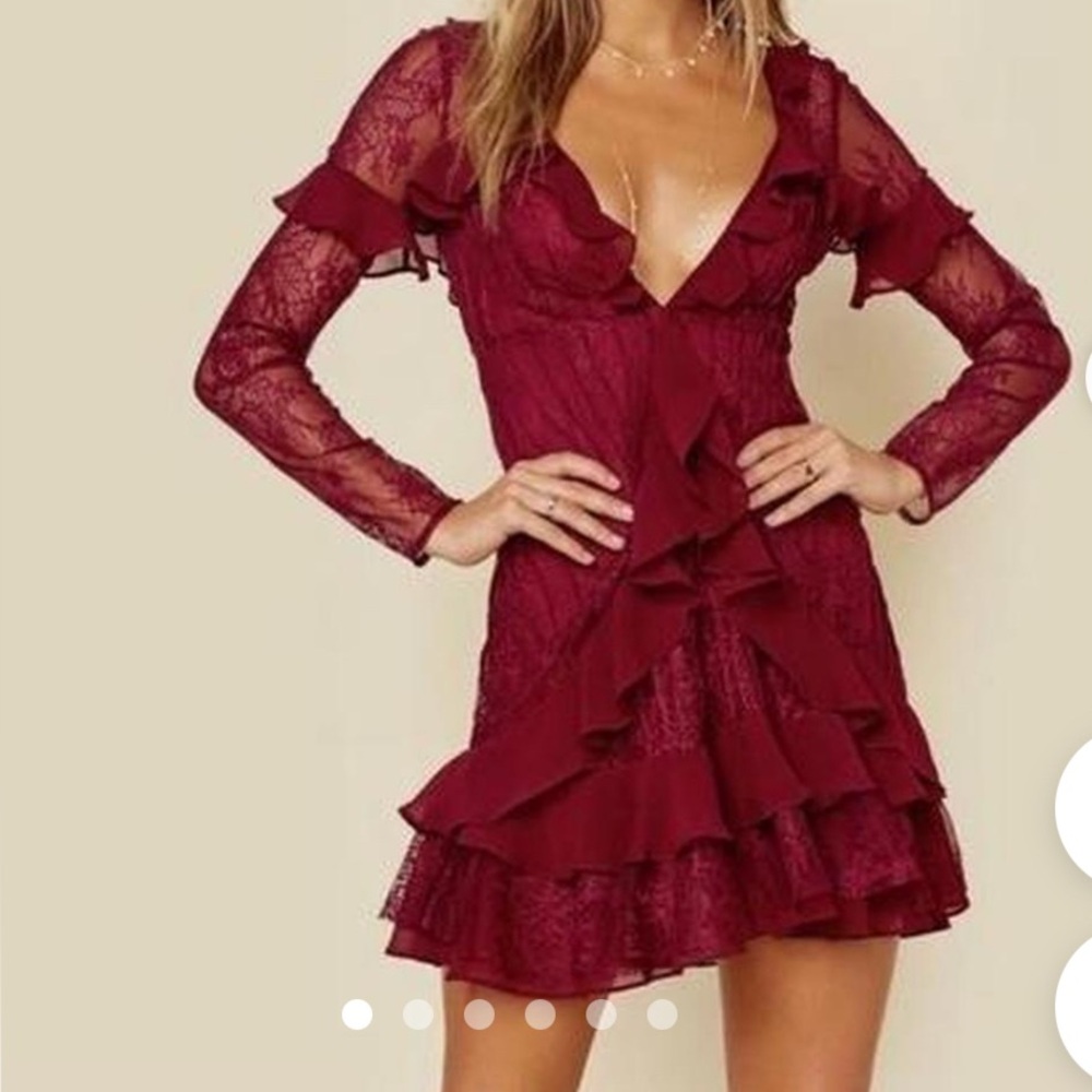NWT For Love And Lemons burgundy lace ruffle Dress